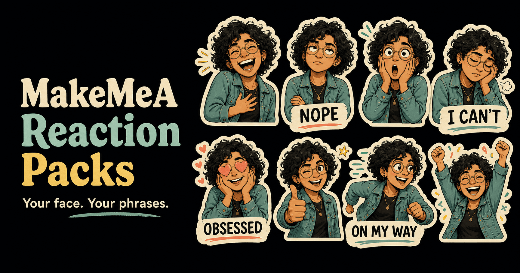 Eight reactions from one consistent personalized sticker character